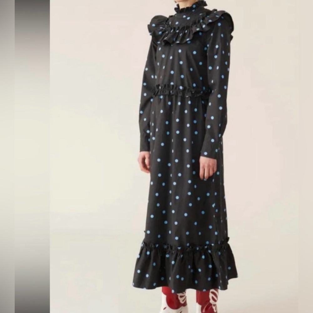 GANNI -Polka Dot Ruffle Dress - Black and Blue